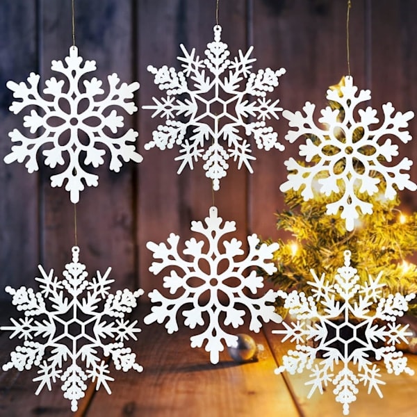 6 stk Store Hvite Snøflak Ornamenter Store Plast Glitter Snøflak for Vinter Innendørs Utendørs Juletre Vindu Romdekorasjoner Giant Cr