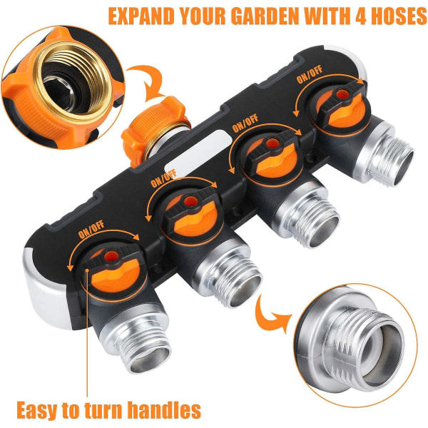 Way Havevandingsfordeler med 4 Ventiler 3/4 Tommer Heavy Duty Slange Vandmanifold Stik til Udendørs Hane Adapter