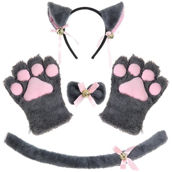 REMAKE Holiday Party Cosplay Accessories Cat Ears Headband Cat Tail Cat Claw Bow 4-Piece Set Gray