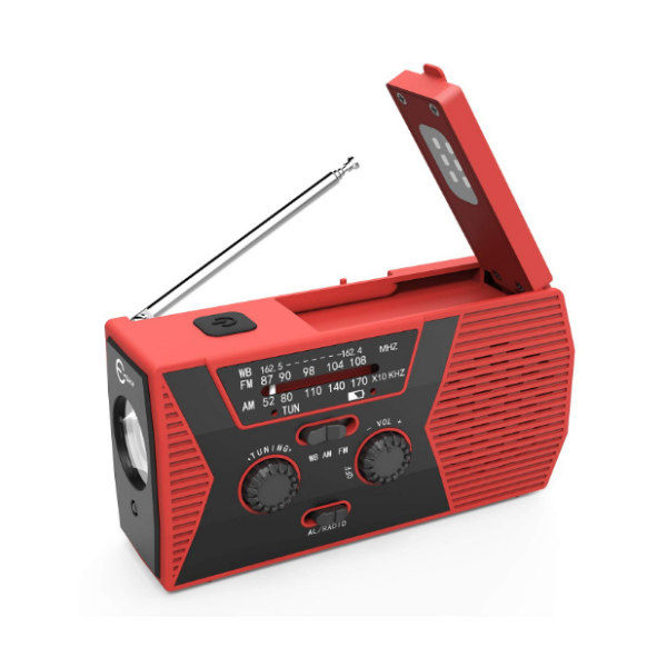 Solcellsdriven vevradio med ficklampa, röd