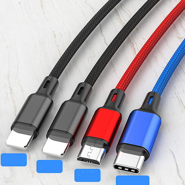 4-i-1 Opladerkabel Datalinje 3A Ledning til iPhone Samsung Android Micro-USB Lightning Port
