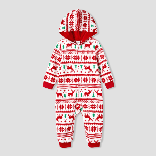 Julpyjamas för familjen med matchande tryck, långärmad fleece, huva (flamsäker) Röd Baby12-18M