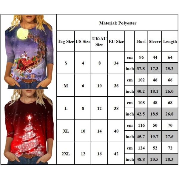 Damet-shirt med juletræ og julemand - Casual 3/4 ærmer CM