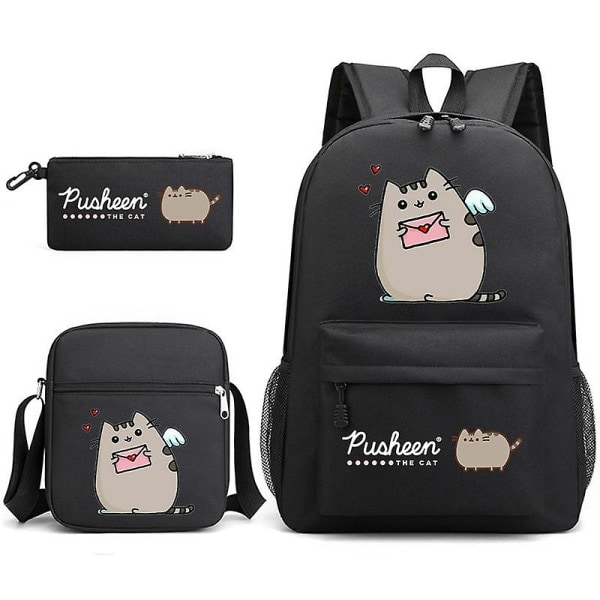 Pusheen Fet Katt Tre-Delad Skolväska Casual Pojkar Och Flickor Student Ryggsäck Tryck Stor Kapacitet Utomhus Ryggsäck (Svart)