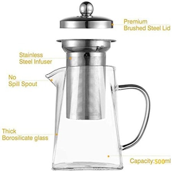 Kvadratisk Glas Tekande med Si, 500ml Borosilikat Tekande med Si, Klar Løste Tekande