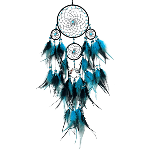 Large dream catcher with pearls and real feathers Blue Ø 15 cm