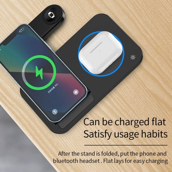 Foldbar 4-i-1 Trådløs Oplader til Telefon, Airpods, Apple Watch Sort