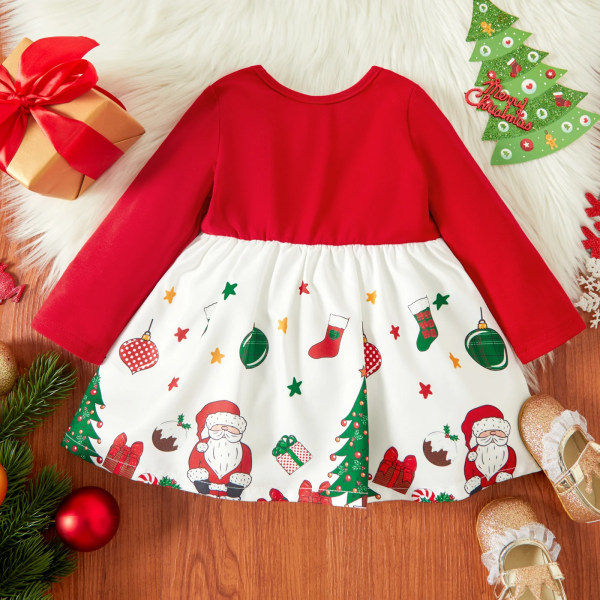 Julklapp Babyflicka Rosett Fram Solid Långärmad Spetsad Tryckt Klänning Röd-2 12-18 Månader