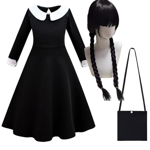 REMAKE Wednesday Addams 4-10 År Pige Cosplay Festkjole+Taske+Parykker/Kjole+Taske/Parykker Fancy Dress Kostume Kun Parykker