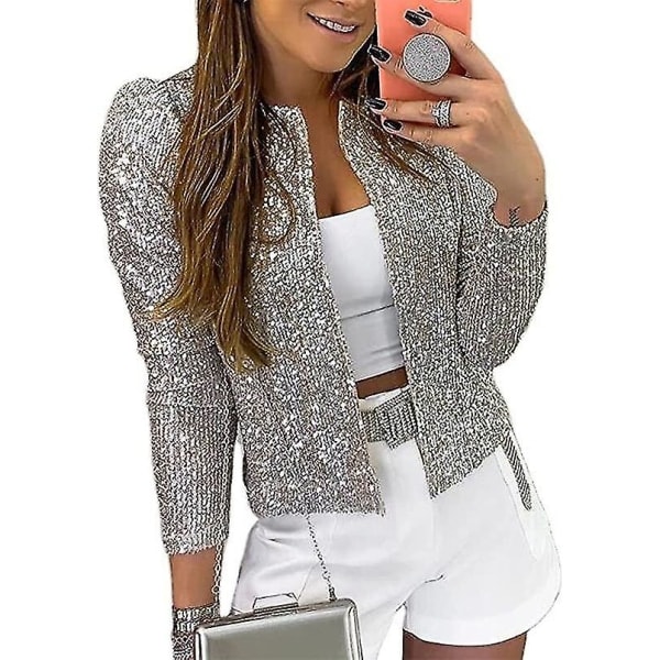 Women Sequin Blazer Open Front Jacket Party Christmas Puff Sleeve Sparkly Coats Silver XL