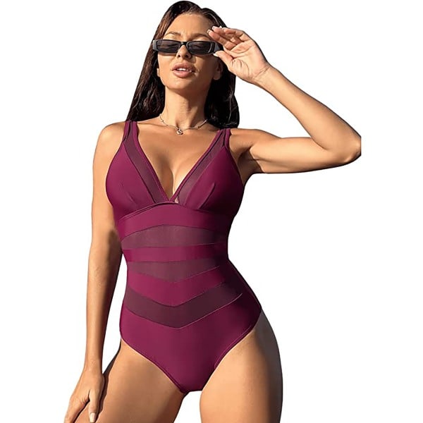 Women's V-Neck Mesh Swimsuit Maroon M