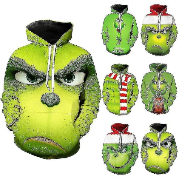 Joulu Unisex Grinch-aiheinen Huppari Pitkähihainen 3D-Painettu Pusero Hyppypuku Yläosa Miehille Naisille Aikuinen A XL