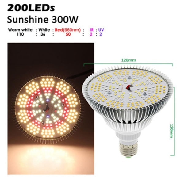 300w LED Vækstlys E27 Fuld Spektrum Drivhus Plantebelysning Blomst Lampe Hydroponics [DB] Hvid