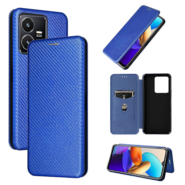 Kompatibel med Vivo Y22/ Y22s 2022 Kulfibermønster Premium Flip Case med Kortlomme Magnetisk Lukning Blue