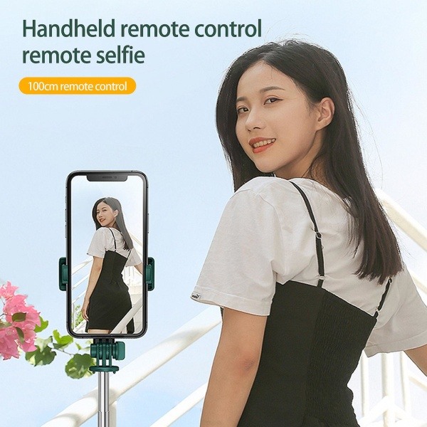 Sæt Selfie Stick Foldbar 360 Graders Rotation Højdejusterbar Med Fyldlys Fjernbetjening Trådløs Telefonholder Sortgrøn