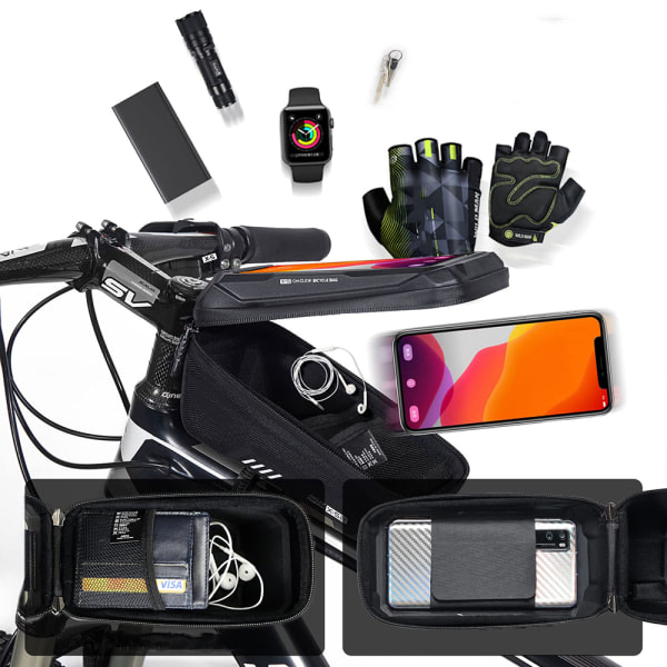 Vandafvisende cykelrammepose, cykelmobilpose, styrpose, mobiltelefonholder, toptubepose med TPU-touchscreen og regndækning