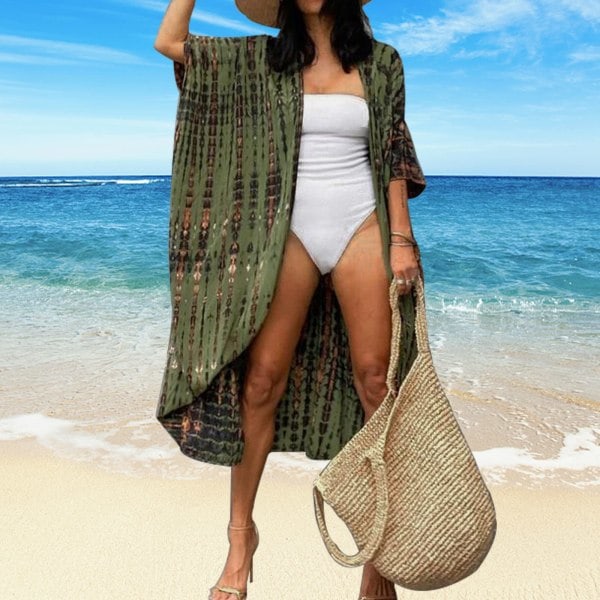 Tie Dye Strand Kimono Cardigan, Lang Badetøj Bikini Strand Cover Up, Åben Foran, Afslappet Løstsiddende - Hærgrøn