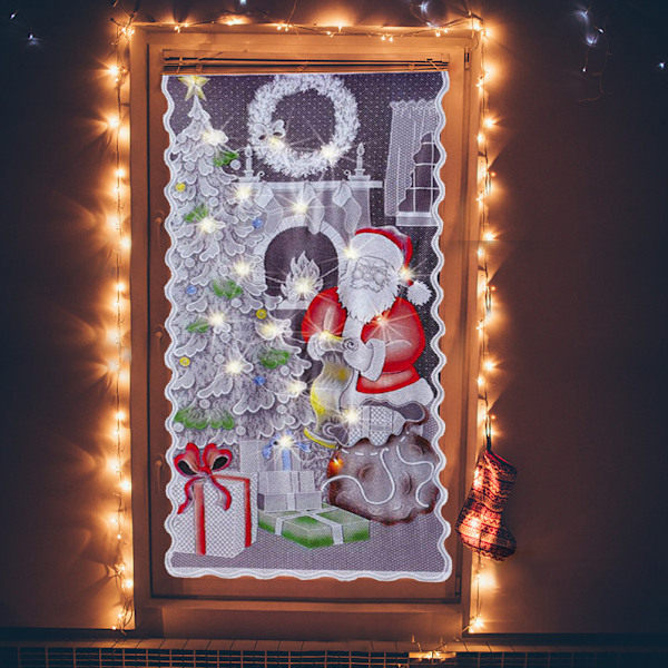Julgardiner i spets med LED-ljus, tomte, mörkläggningsgardiner, vardagsrum, sovrum, heminredning