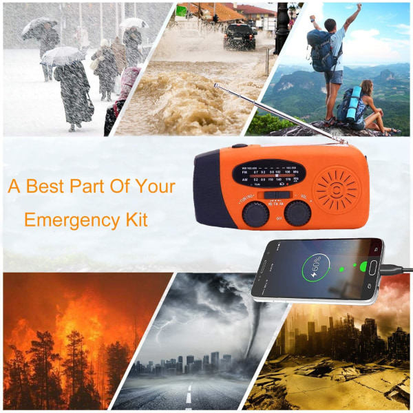 Väderradio, Solradio, Nödhandvev Självförsörjande AM/FM Solväderradio med LED-ficklampa, WB-radio med Batteribackup Orange