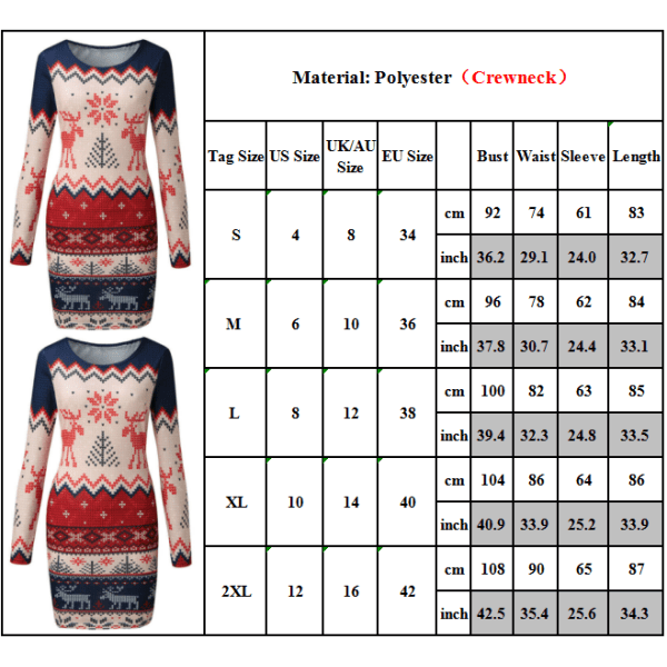 Kvindes Langærmet Mode Casual Juleprint Bodycon Kjole Rundhals Rundhals XL