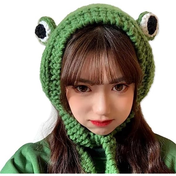 REMAKE Frog headband hat cute crochet knitted headband outdoor big eyes frog beanie earflaps green