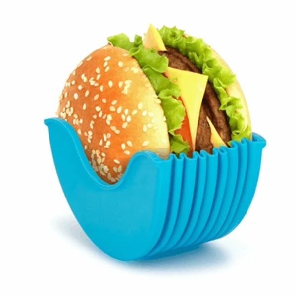 Burgerhållare, återanvändbar hamburgerlåda, utbyggbar hamburger utan kladd, hamburger i silikon blå