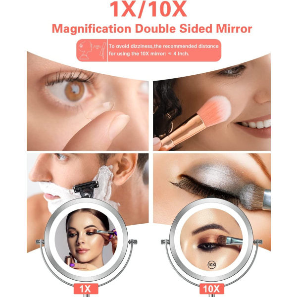REMAKE Oplyst makeup-spejl med lys og forstørrelsesglas, 1x/10x forstørrelse Dobbeltsidet LED-spejl 360° roterbart rundt spejl