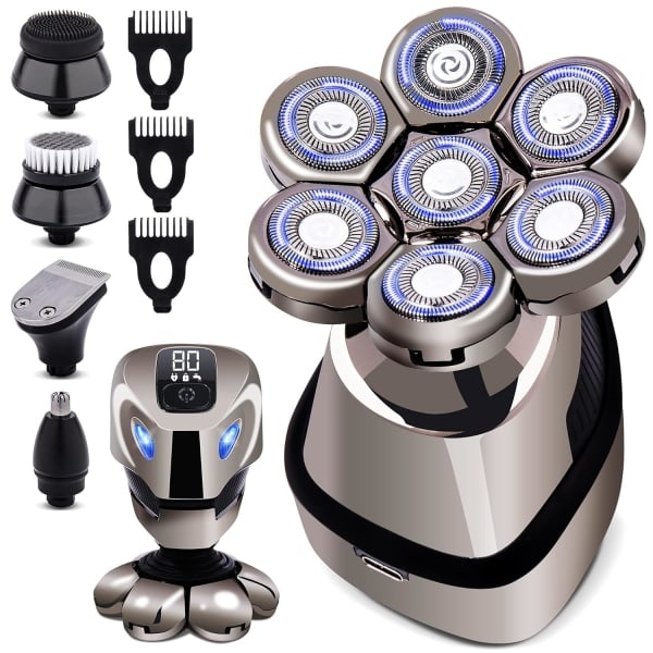 7D Huvudrakningshuvor för Skalliga Män, Anti-kläm Elektrisk Rakapparat för Män, 5-i-1 Grooming Kit med Nästhårstrimmer, Skäggtrimmer, etc.