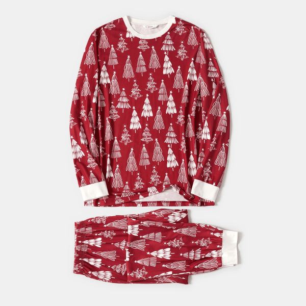 Christmas Family Matching Allover Xmas Tree Print Long Sleeve Pajama Set (Flameproof) WineRed Baby6-9M