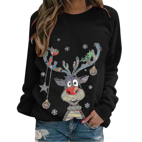 Christmas Women Print Long Sleeve T-shirt Xmas Loose Pullover Tops Blouse Black L