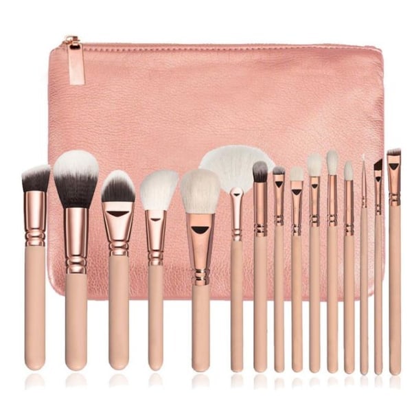 15 stk. Professionelle makeupbørster med praktisk taske (Pink)
