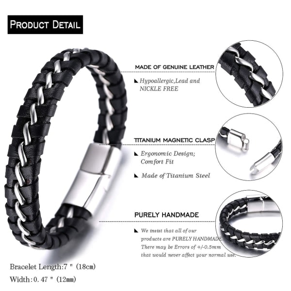 REMAKE Armbånd til drenge i ægte læder sort. titanium sølvkæde magnetisk spænde 7 \"/18 cm