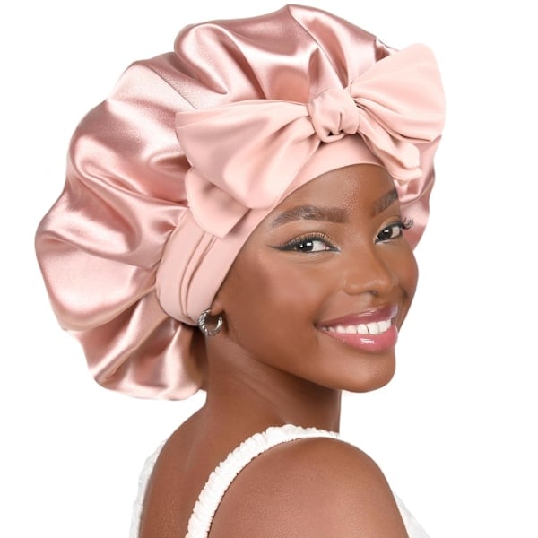 REMAKE Satin Bonnet Siden Bonnet För Sovning Dubbellager Satinfodrad Hårsäck Med Knytband Bonnets För Kvinnor Naturligt Lockigt Hår Rosa