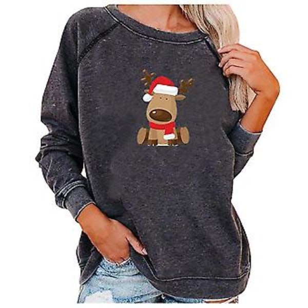 Women Christmas Dress Long Sleeve T Shirt Christmas Cute Elk Print Top Blouse S Gray