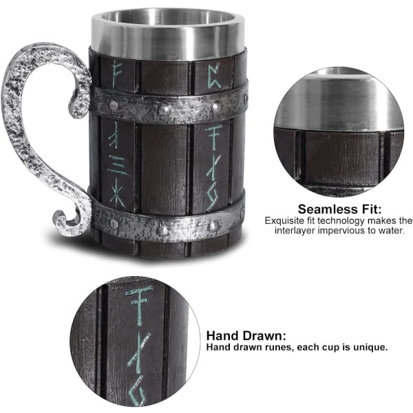 Nordiske Viking Rune Ølkopper - Stor Eikekopp - Med 3D Harpiks - For Menn, Farsdaggave 550ml