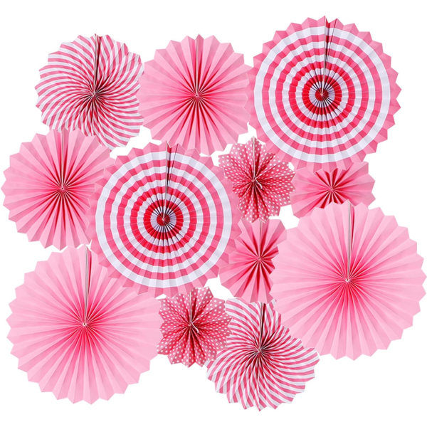 12 Pack Festive Hanging Paper Fans, Fiesta Pattern Paper Garlands, Party Decorations for New Years and Baby Shower (Pink)