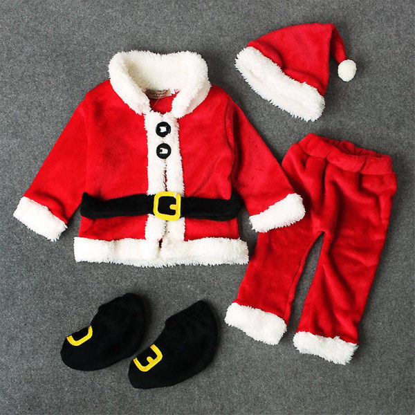 Julemand Cosplay Kostume til Småbørn Baby Sød Langærmet Fleece Toppe Bukser Hat Sko Sæt Julefest Fandango Kostume Outfits 18-24 Måneder