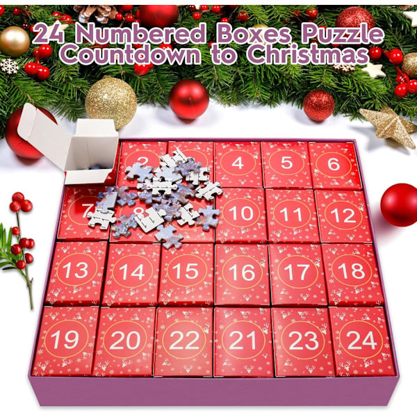 Adventskalender 2024 Puslespil - Rense, 1008-delt puslespil til familien, 24-boks puslespil til juleoptælling og hjemindretning