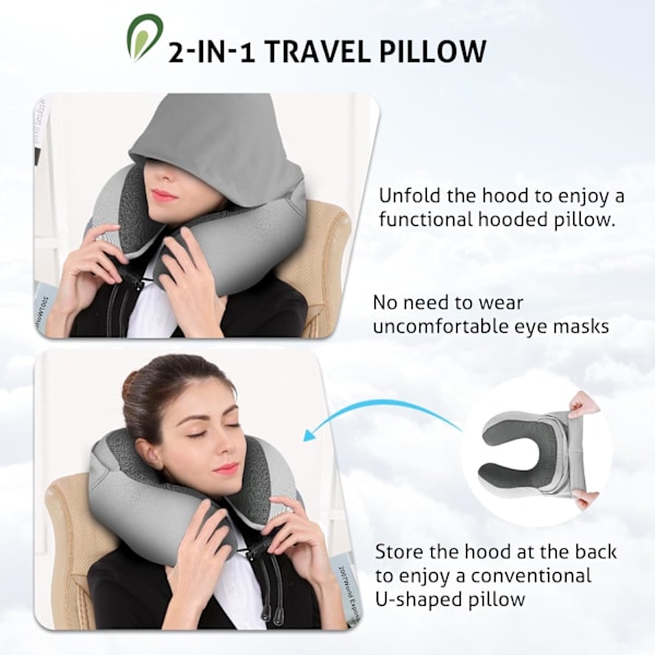 Nakkepute med memory foam, reisepute med hette for voksne, reisepute for fly, bil og tog