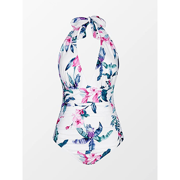 Dametøj Halter Neck Monokini V-udskæring Badetøj Mavekontrol Hvid/blomster L