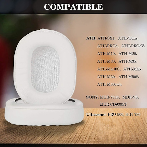Øreputer Memory Foam Øreputetrekk Erstatningsøreputer for ATH M50X Passer Audio Technica M40X M30X M20 Hvit