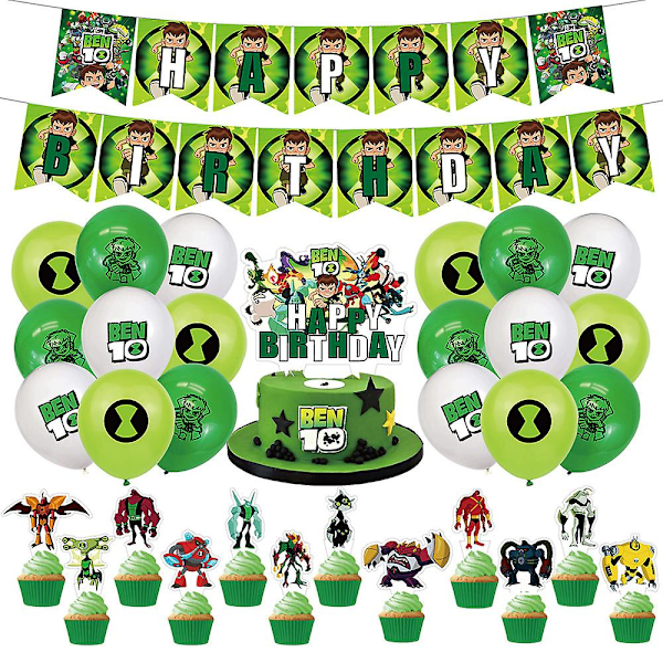 Ben 10 -teemainen lasten syntymäpäiväjuhlatarvikkeet - lippu, ilmapallot, kakun ja kupkaken koristeet