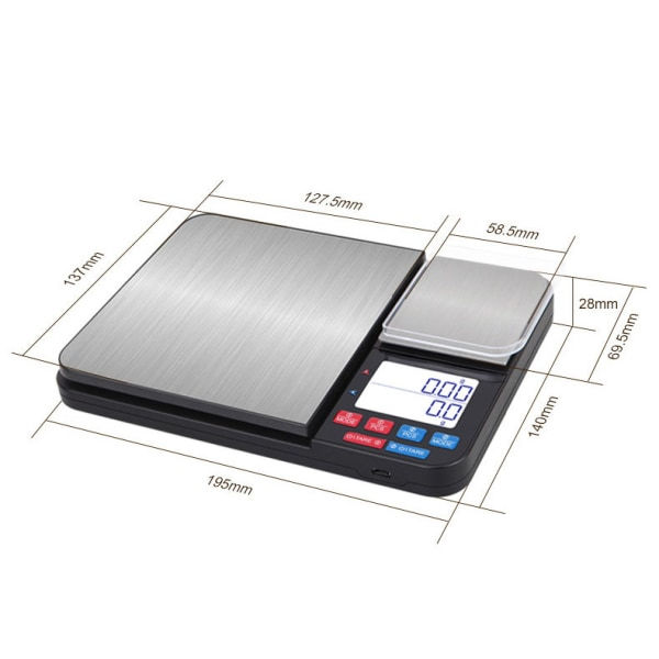Digitaalinen keittiövaaka kahdella punnituslevyllä 10 kg/1g ja 500g/0.01g