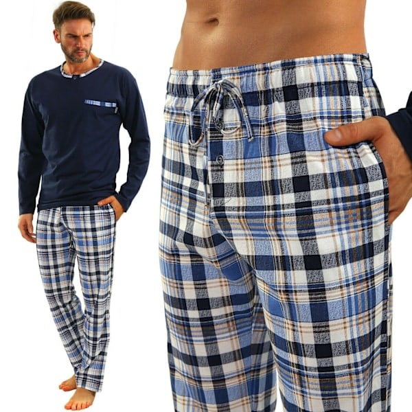 Sesto Senso Miesten Pyjamat 100% Puuvilla Pitkähihainen + Pyjama Housut Yöasut - 2188/17 Tummansininen - L