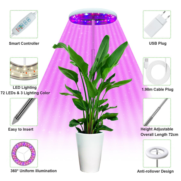 Justerbar växtlampa med 72 LED-lampor - 360° räckvidd, timer och flera lägen för inomhusväxter - Väx!