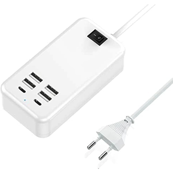 REMAKE USB-C, 6-port USB-laturi, 2 USB-C-porttia + 4 USB-A-porttia, monipuolinen