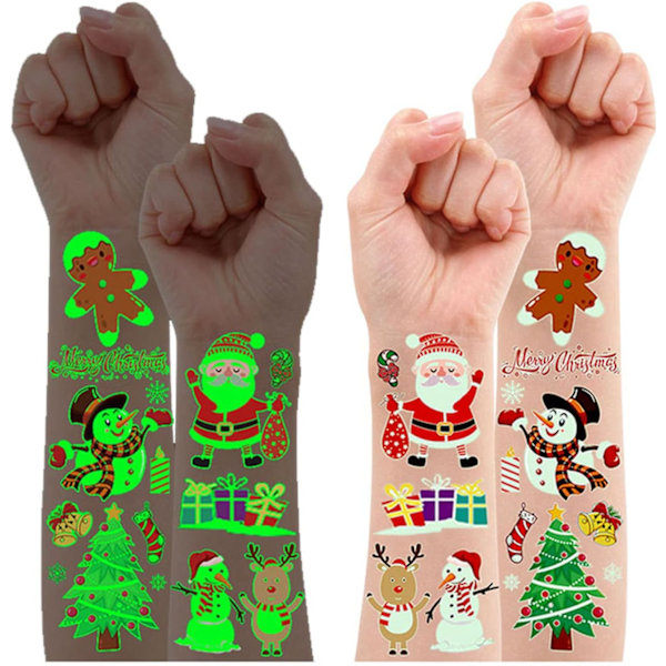 Juldekorationer för barn, 110 sorters lysande tatueringsklistermärken för glödande julklappssäckar, julkassar godis ljus aftonlåda