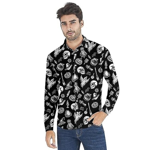 Mænds Jule-Halloween Langærmet Knapløs Skjorte Casual Slim Fit Kjole Skjorter Q3 2XL