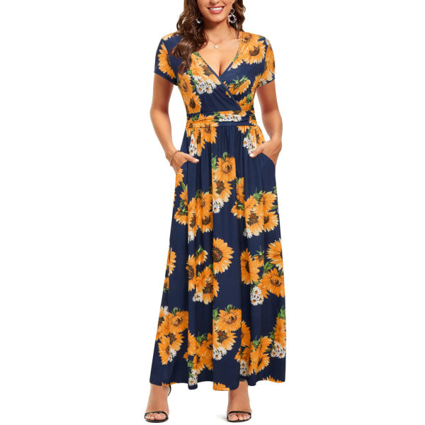 Dame Maxi Kjole Casual V-Hals Kort/Lang Ærme Blomster Dame Wrap Lang Kjole Med Lomme