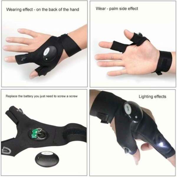 Pairs LED Lommelygte Handsker i Mørket Reparationsbelysning Fingerlys Vinter Udendørs Natfiskeri Halvfinger Handsker